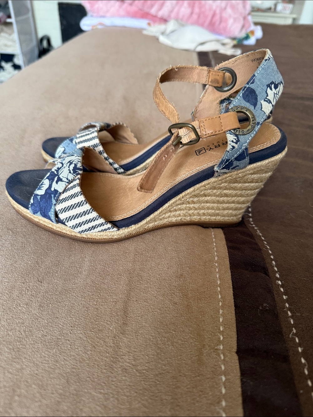 Sperry Navy Floral and Tan Espadrille Wedge Sandals